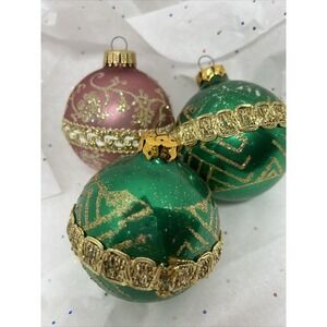 3 Vtg. W. Germany Krebs Christmas Ornaments Glass‎ Balls Green Rose Gold